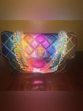 Kurt Geiger XXL Rainbow Multicolor Leather Chain Shoulder Bag NWT